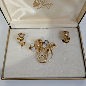 Lang Gold Tone Clip On Earrings Brooch Set in Lang Gift Box